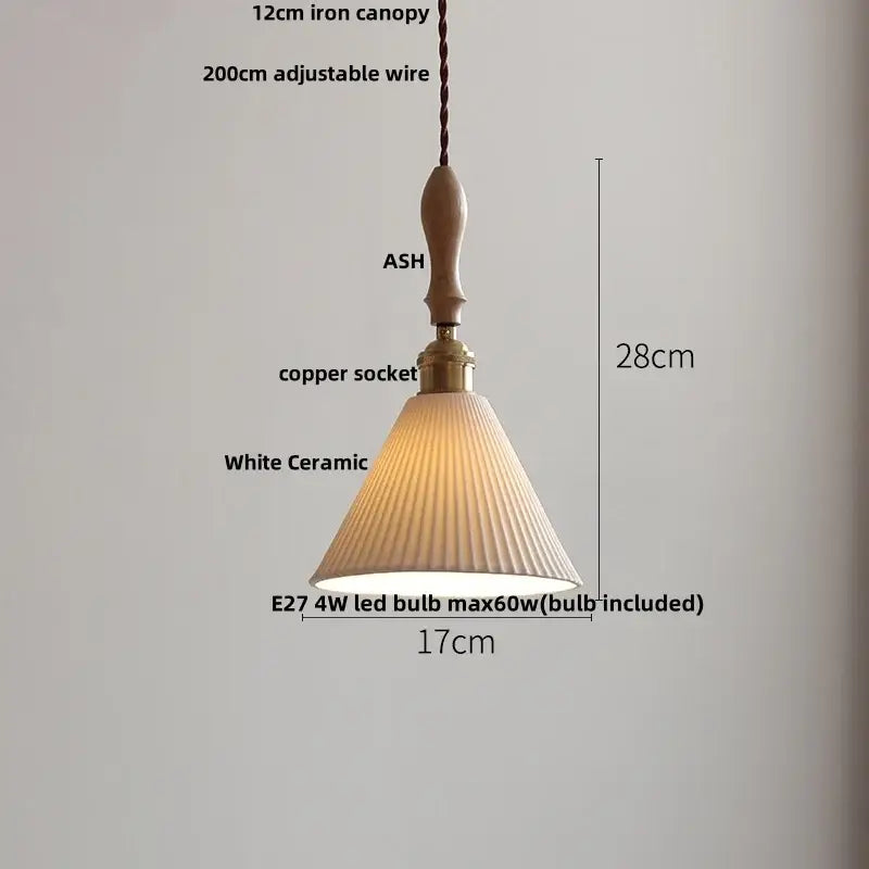 Modern ribbed decorbites ceramic led pendant lamp with white fluted ceramic and ash wood canopy for dining room decor
