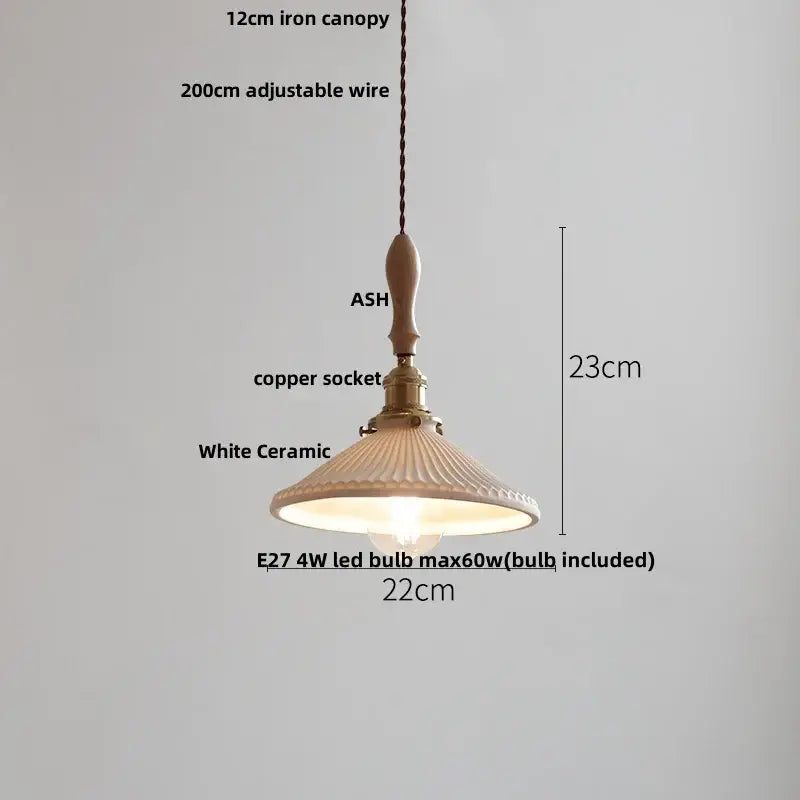 Modern ribbed glass ceramic led pendant lamp with white fluted ceramic shade and wooden-handled iron canopy decorbites ceramic led