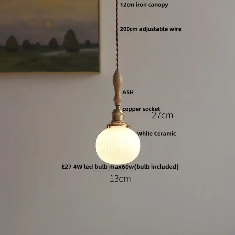 White ceramic led pendant lamp with ribbed texture, wooden handle, and brass socket for modern dining room decorbites ceramic led
