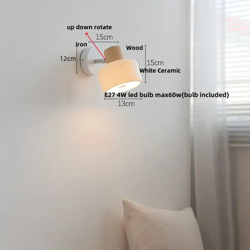 Modern ribbed glass ceramic led wall lights with white ceramic shade wooden top cap and iron base for bedroom decorbites ceramic led