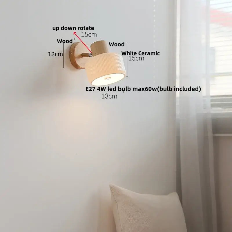Modern ribbed ceramic led wall lights with natural wood base and white shade featuring up-down rotating design by decorbites ceramic led