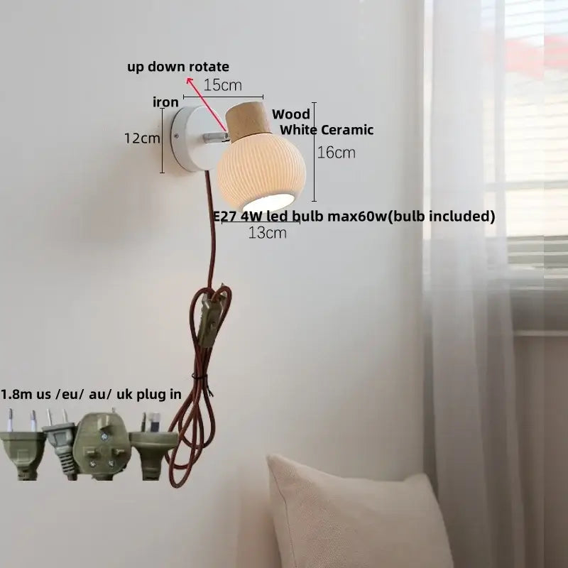 Modern ribbed ceramic led wall light with white vertical ridges, wood cap, and iron base for bedroom decorbites ceramic led