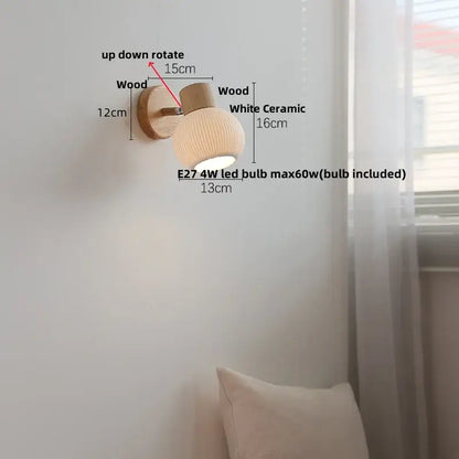 A warm-toned wooden base modern ribbed ceramic led wall light ideal for bedroom decorbites ceramic led wall use