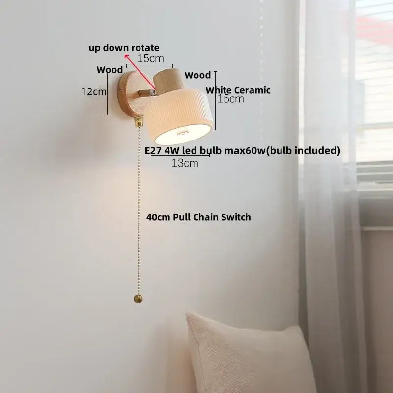 Modern ribbed ceramic led wall lights with white shade, natural wood base, and brass pull chain for bedroom decorbites ceramic led