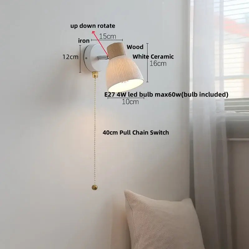 Modern ribbed glass ceramic led wall light with white ceramic body wooden top and iron mount featuring e27 4w led bulb