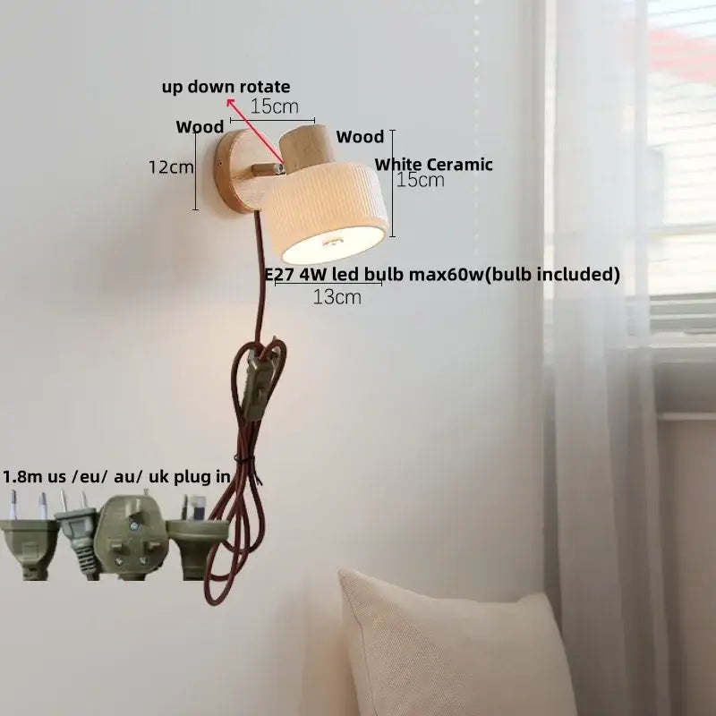 Minimalist ceramic led wall light with natural wood base and white shade featuring adjustable rotation for bedroom decorbites ceramic led