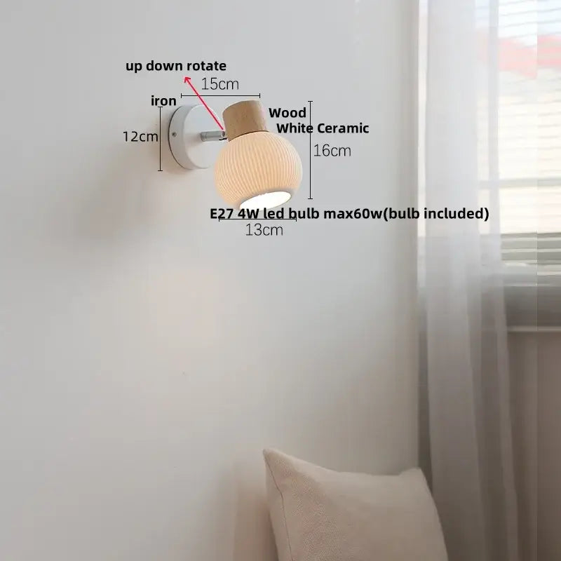 Modern ribbed ceramic led wall light with white shade, natural wood cap, and iron base for bedroom decorbites ceramic led