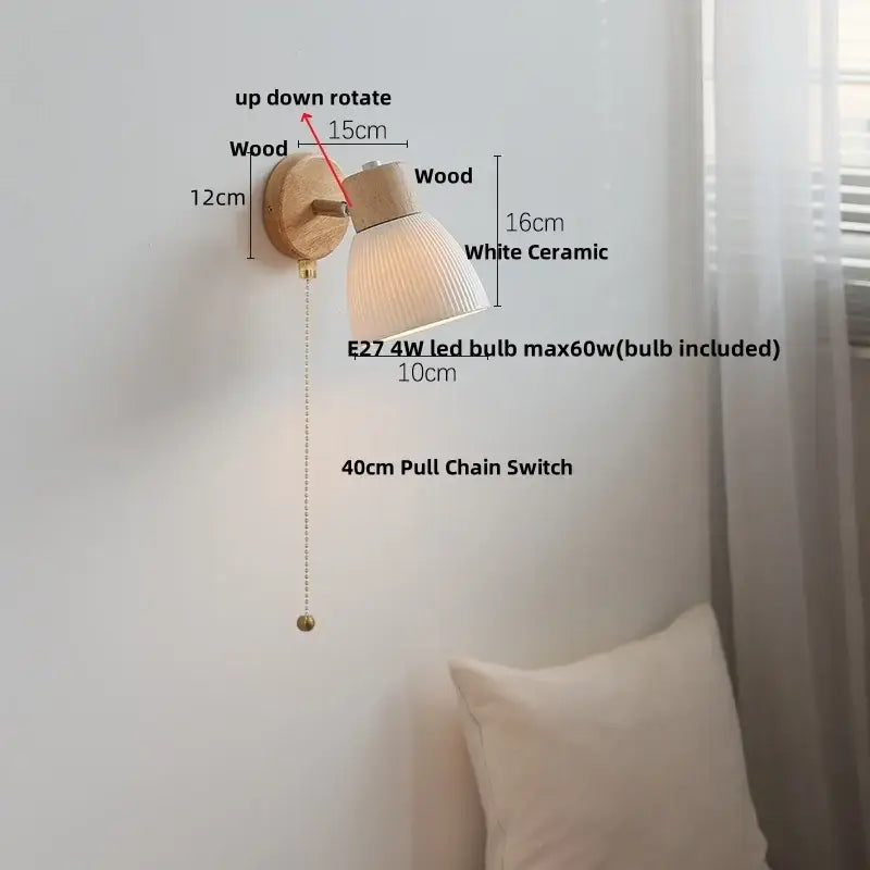 Modern ribbed glass ceramic led wall lights with a natural wood base and white ceramic shade for bedroom decorbites ceramic led wall