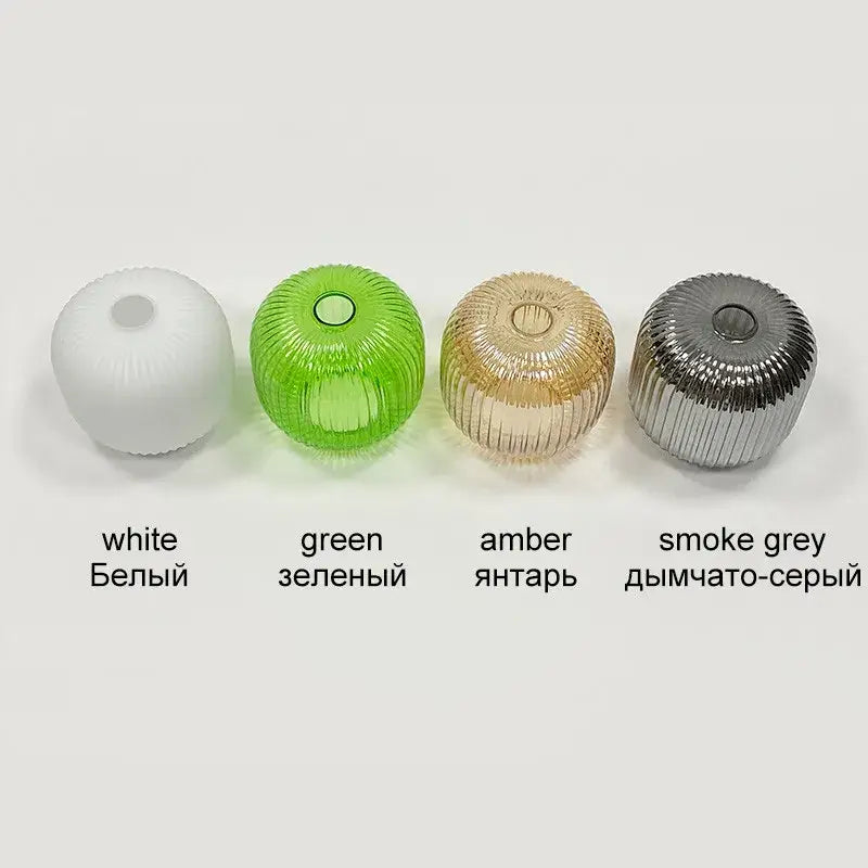 Four spherical ribbed glass colorful led pendants in white green amber and smoke grey for modern light chandeliers