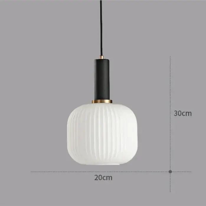 Modern ribbed glass colorful led pendant light chandelier with white glass, black stem, and gold accents for dining room
