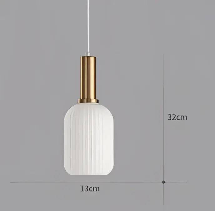 A modern light chandelier featuring a white ribbed glass shade and gold metal stem perfect as colorful led pendants