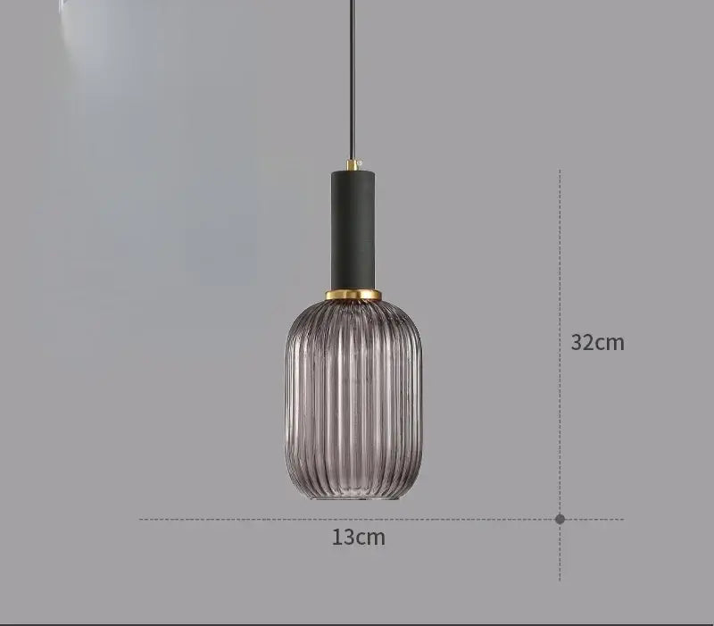 Modern ribbed glass colorful led pendant light chandelier with textured smoked glass and matte black and gold accents