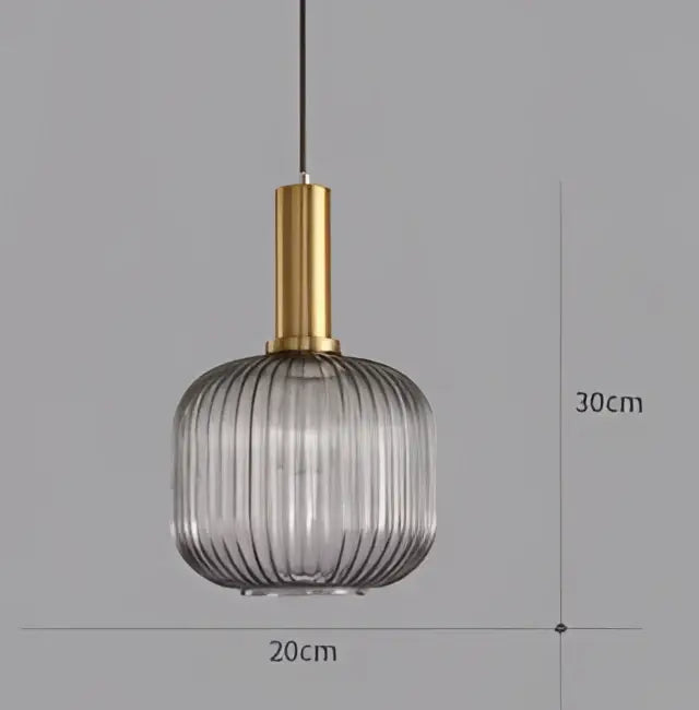 A modern pendant light chandelier with a gold metal top and ribbed translucent glass colorful led globe