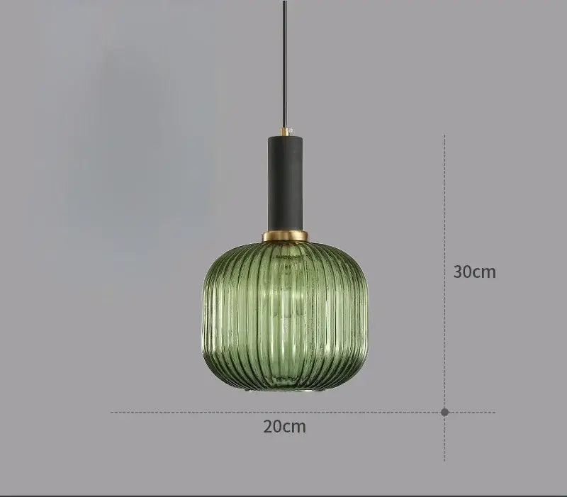 Modern ribbed glass colorful led pendant light chandelier in green with black stem and brass accents for dining room