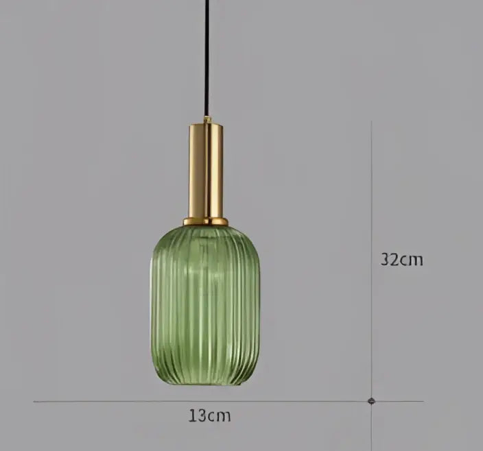 Modern green ribbed glass colorful led pendant light chandeliers with brass-colored metal fixture for dining room use