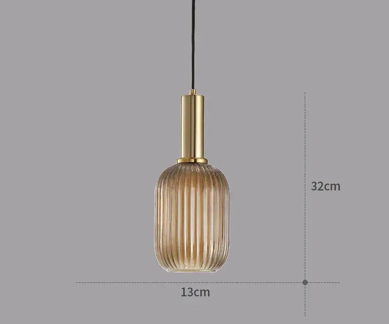 Modern ribbed glass colorful led pendant light chandelier with gold metal stem and amber shade for dining room lighting