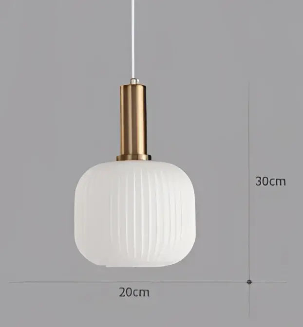 A modern white ribbed glass colorful led pendant light chandelier with a gold-toned metal fixture for dining room