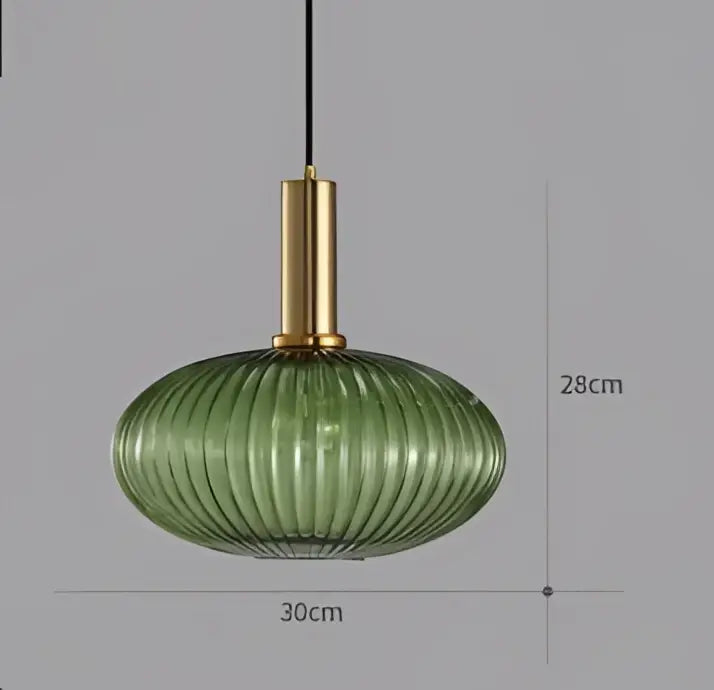 Modern ribbed green glass colorful led pendant light chandelier with brass-finished metal fixture for dining room