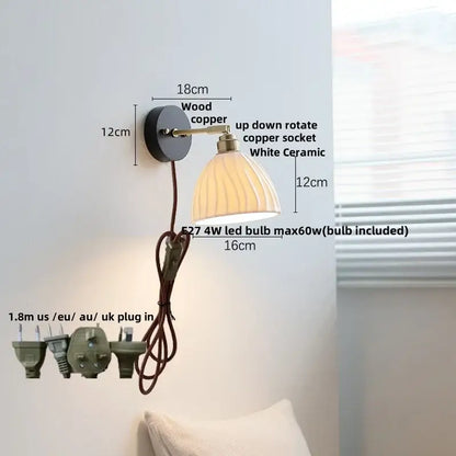 Modern ribbed glass copper led wall lamp with wood and copper base white ceramic shade and adjustable rotating socket for bedroom decorbites copper led