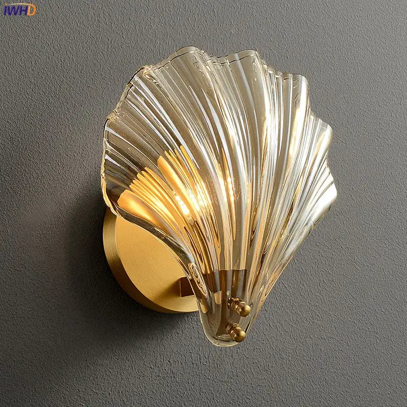 Modern ribbed glass copper led wall lamp with translucent ribbed glass and gold-toned metal base for bedroom decor
