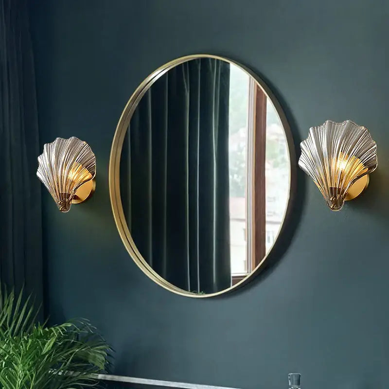 Gold-finished shell-shaped modern wall lamp with ribbed glass copper led panels for elegant bedroom decor