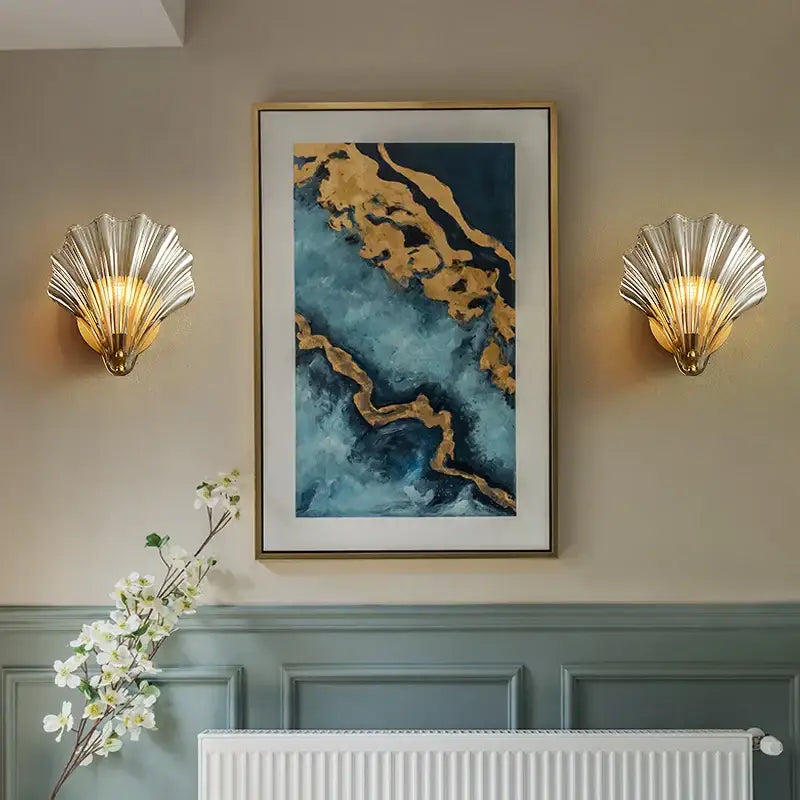 Pair of elegant gold-finished shell-shaped wall lamps with translucent ribbed glass copper led shades for bedroom decor