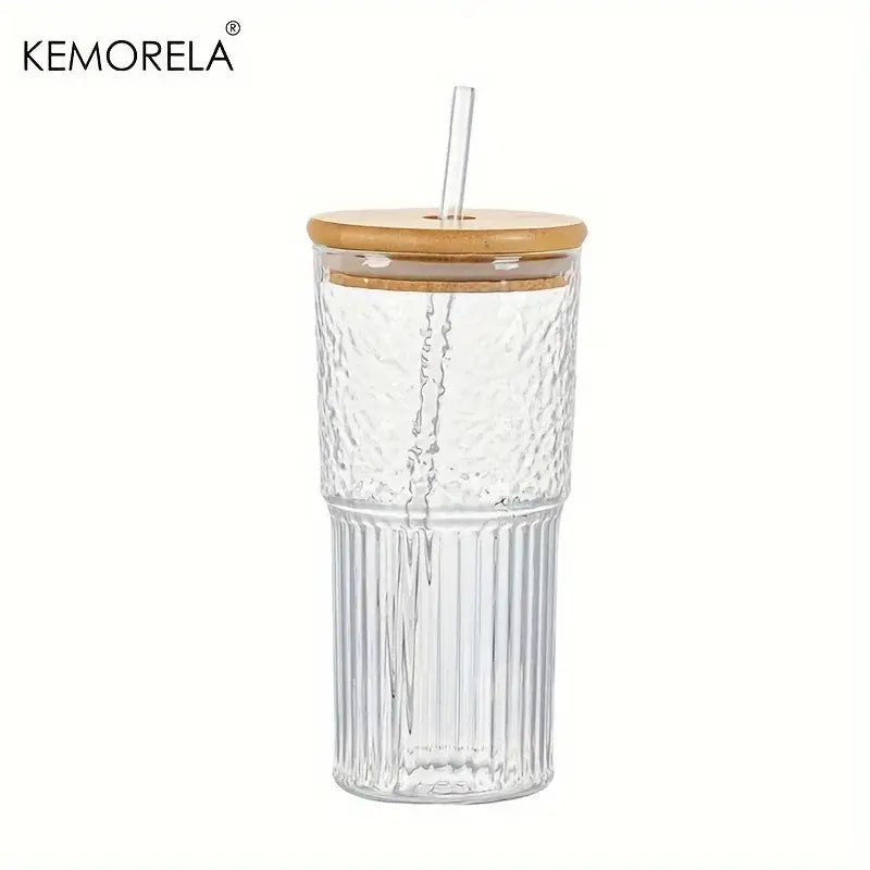 Modern ribbed glass cup with clear glass, textured upper section, vertical ridges, bamboo lid, and clear straw