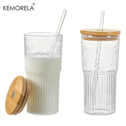 Modern ribbed glass cup with clear textured glass, bamboo lid, and straw, featuring one ribbed glass cup for kitchen use