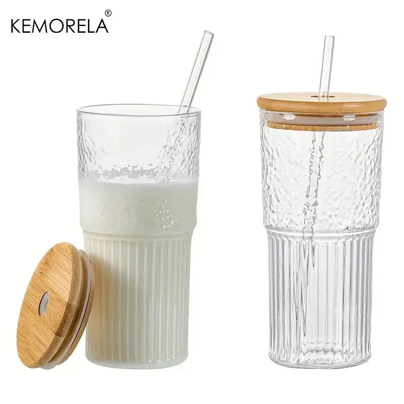 Modern ribbed glass cup with clear textured glass, bamboo lid, and straw, featuring one ribbed glass cup for kitchen use