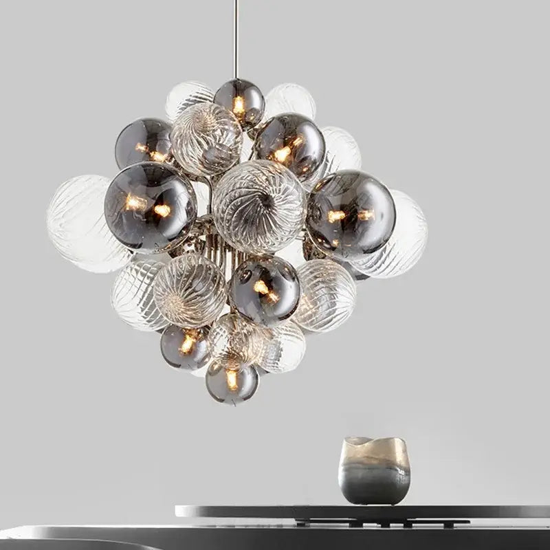 Modern ribbed glass globe led pendant light with translucent and smoked spheres suspended by metallic rod for living room decorbites glass globe