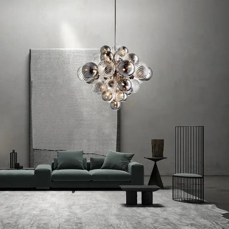 Modern ribbed glass globe led pendant light with reflective glass spheres suspended from thin cords for living room decorbites