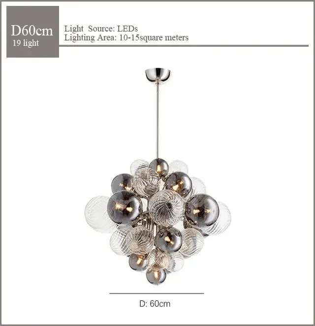 Modern ribbed glass globe led pendant light with 19 clear and smoked glass spheres on metallic rod decorbites glass globe