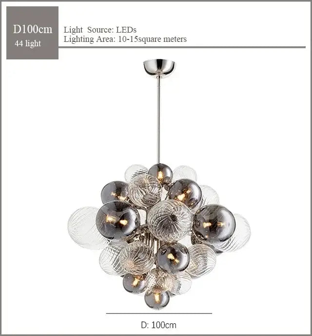 Modern ribbed glass globe led pendant light with 44 clear and smoked glass spheres on a chrome rod for living room decorbites glass globe