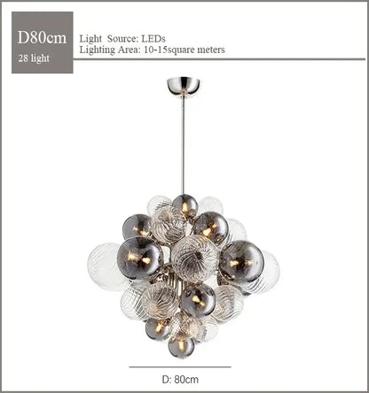 Modern ribbed glass globe led pendant light with textured smoked and clear glass orbs suspended by a metallic rod