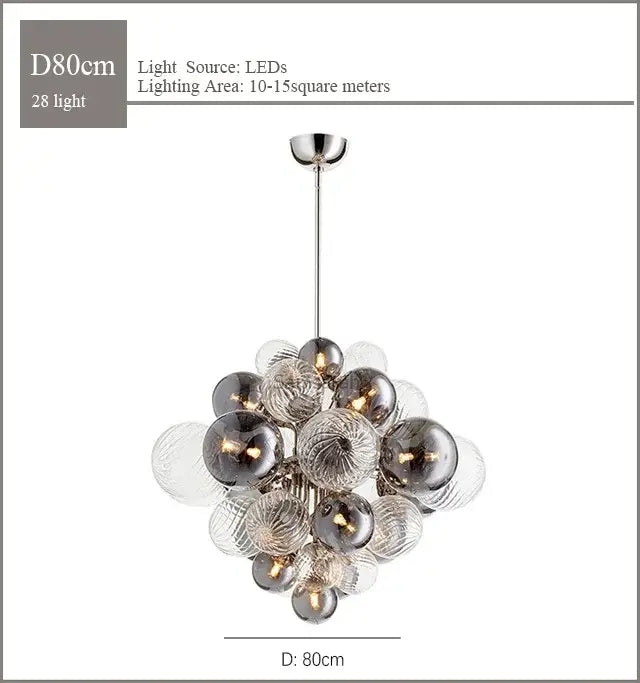 Modern ribbed glass globe led pendant light with textured smoked and clear glass orbs suspended by a metallic rod