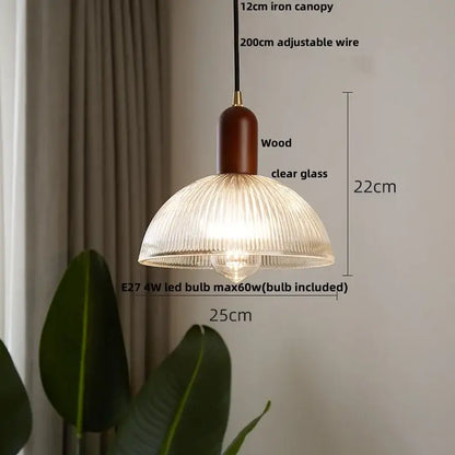 Modern ribbed glass led pendant light with warm-toned shade wood top cap and iron canopy for kitchen chandelier
