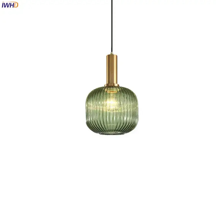 Modern green ribbed glass pendant light with brass stem ideal for dining room glass pendant lights