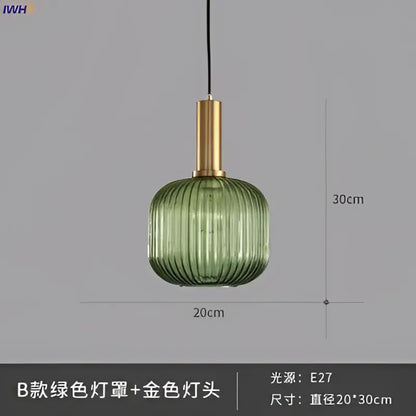Modern ribbed glass pendant lights with green glass pendant and gold-toned brass stem for dining room lighting