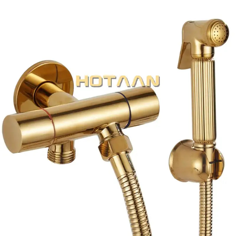 Modern ribbed gold finished brass bidet sprayer set with integrated handheld showerhead and hose for bathroom hygiene