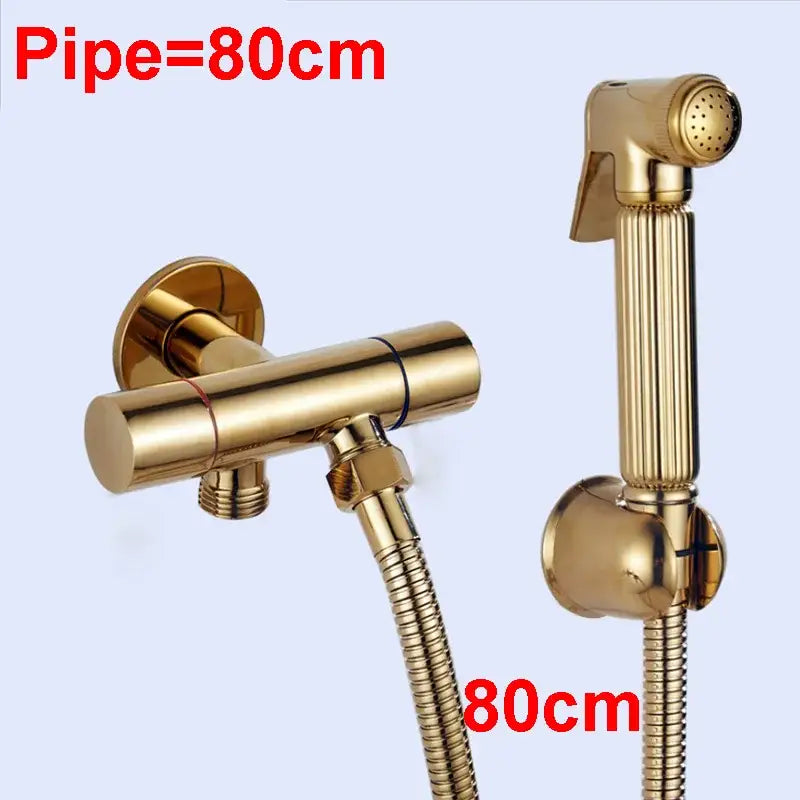 Modern ribbed gold brass bidet sprayer set with sleek faucet and 80cm flexible hose for bathroom hygiene use