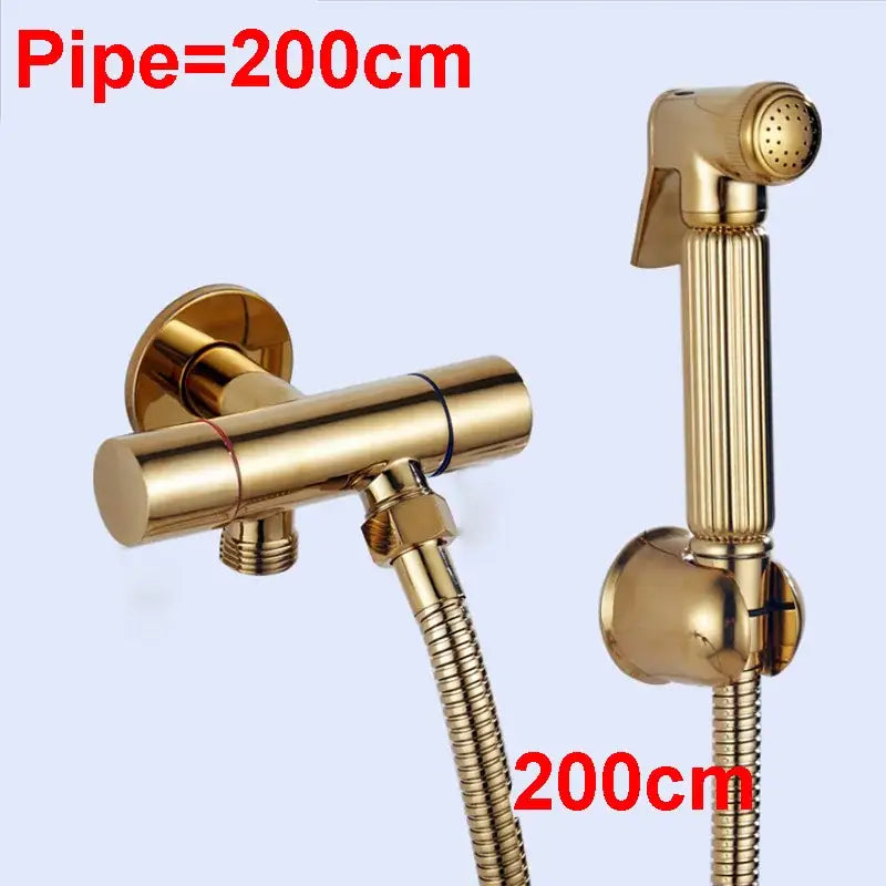 Modern ribbed gold brass bidet sprayer set with sleek bathroom faucet and matching handheld sprayer for hygiene use