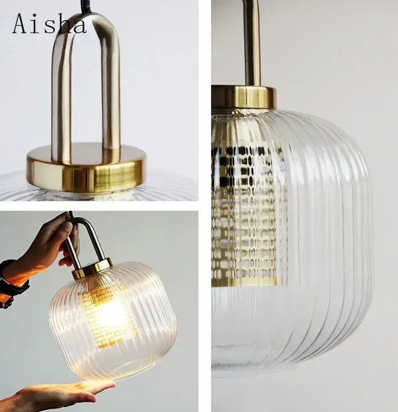 Aisha brand clear glass pendant lamp with ribbed glass shade and brass hardware for modern bedroom lighting decorbites clear glass