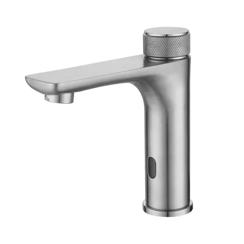 Modern brushed stainless steel single-handle touchless faucet with textured knurled knob for bathroom sink use