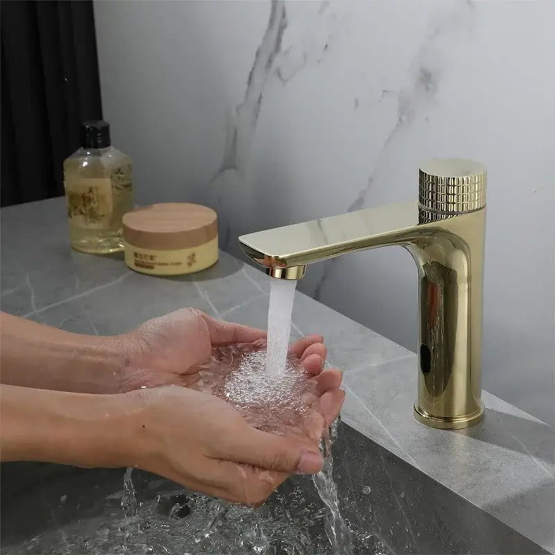 Modern ridged gold sensor mixer faucet with textured handle for bathroom sink tap in sleek design