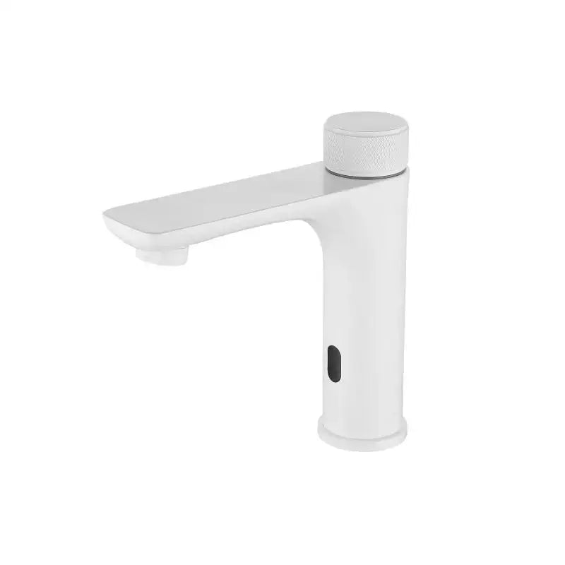 Modern ridged gold sensor mixer faucet with white touchless minimalist design and textured circular handle for bathroom sink