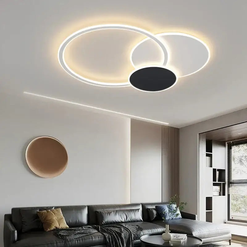 Modern ring led white ceiling light with remote control featuring two interlocking rings for stylish living room decorbites led white