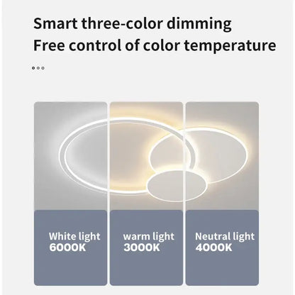 Modern ring led white ceiling light with remote control featuring three concentric rings emitting white warm neutral light