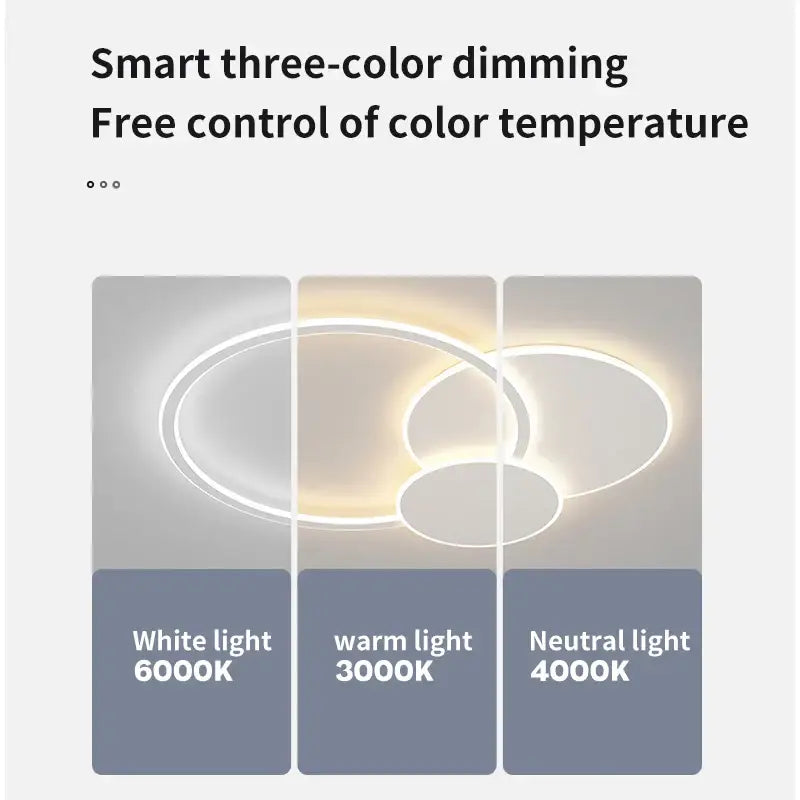 Modern ring led white ceiling light with remote control featuring three concentric rings emitting white warm neutral light