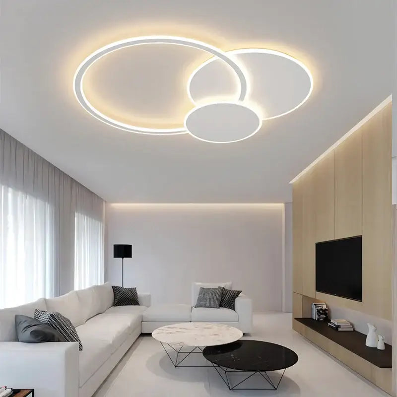Modern ring led white ceiling light with overlapping circular rings and remote control for living room decorbites led white