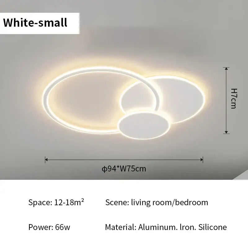 Modern ring led white ceiling light with remote control featuring overlapping aluminum and iron circles for living room decorbites led white